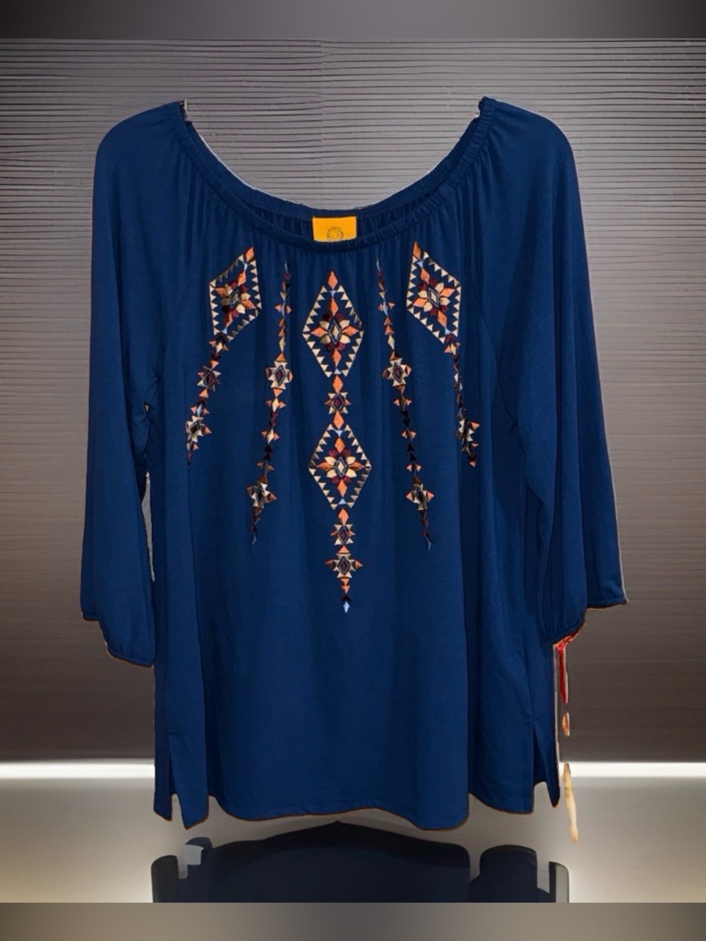 NWT Ruby Rd. Lapis/Navy Peasant Blouse w/Orange & Cream Geometric Embroidery-M